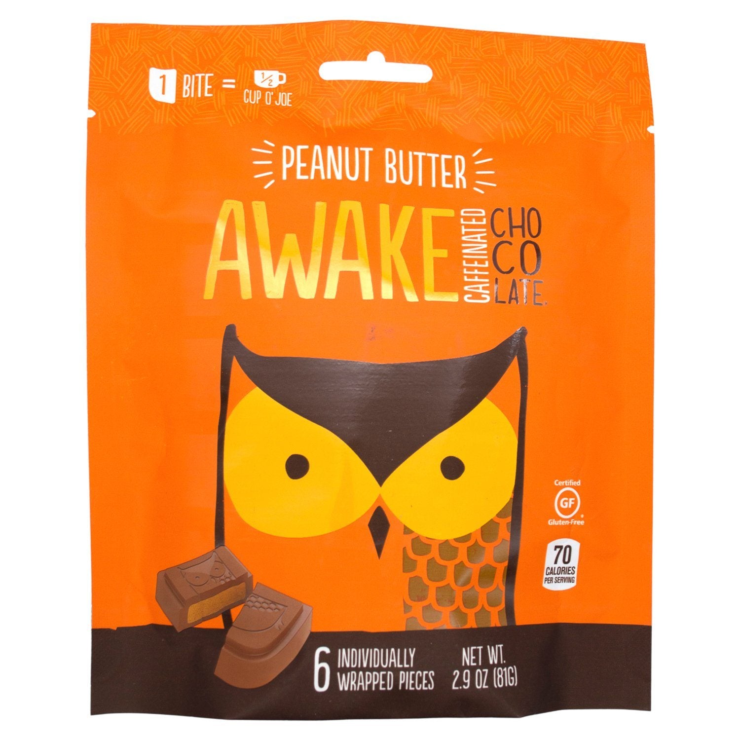 Awake Caffeinated Chocolate Energy Bites Meltable Awake Chocolate Peanut Butter Chocolate 0.58 Oz-6 Count 