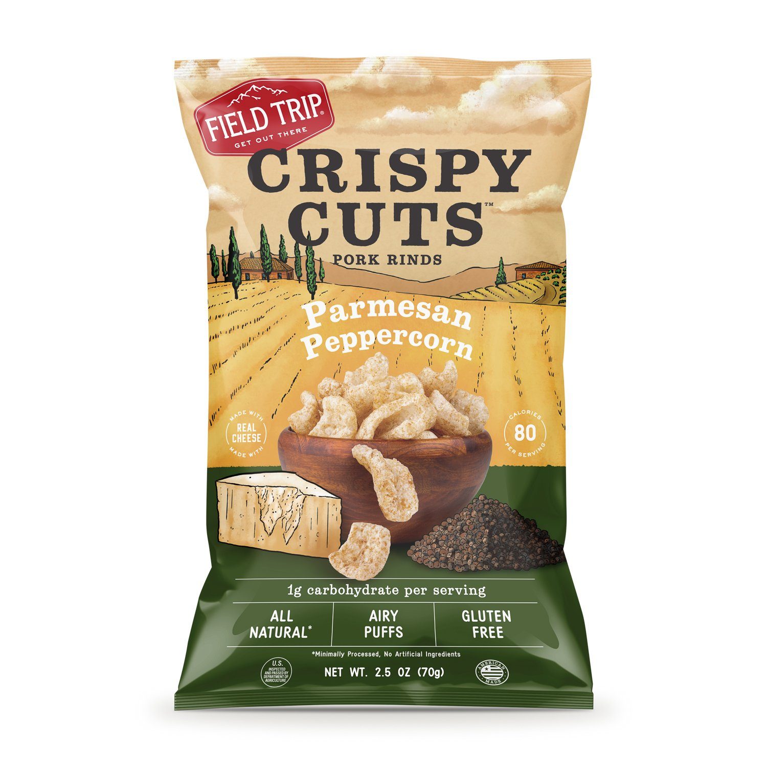 Field Trip Crispy Cuts Pork Rinds Field Trip Snacks Parmesan Peppercorn 2.5 Ounce 