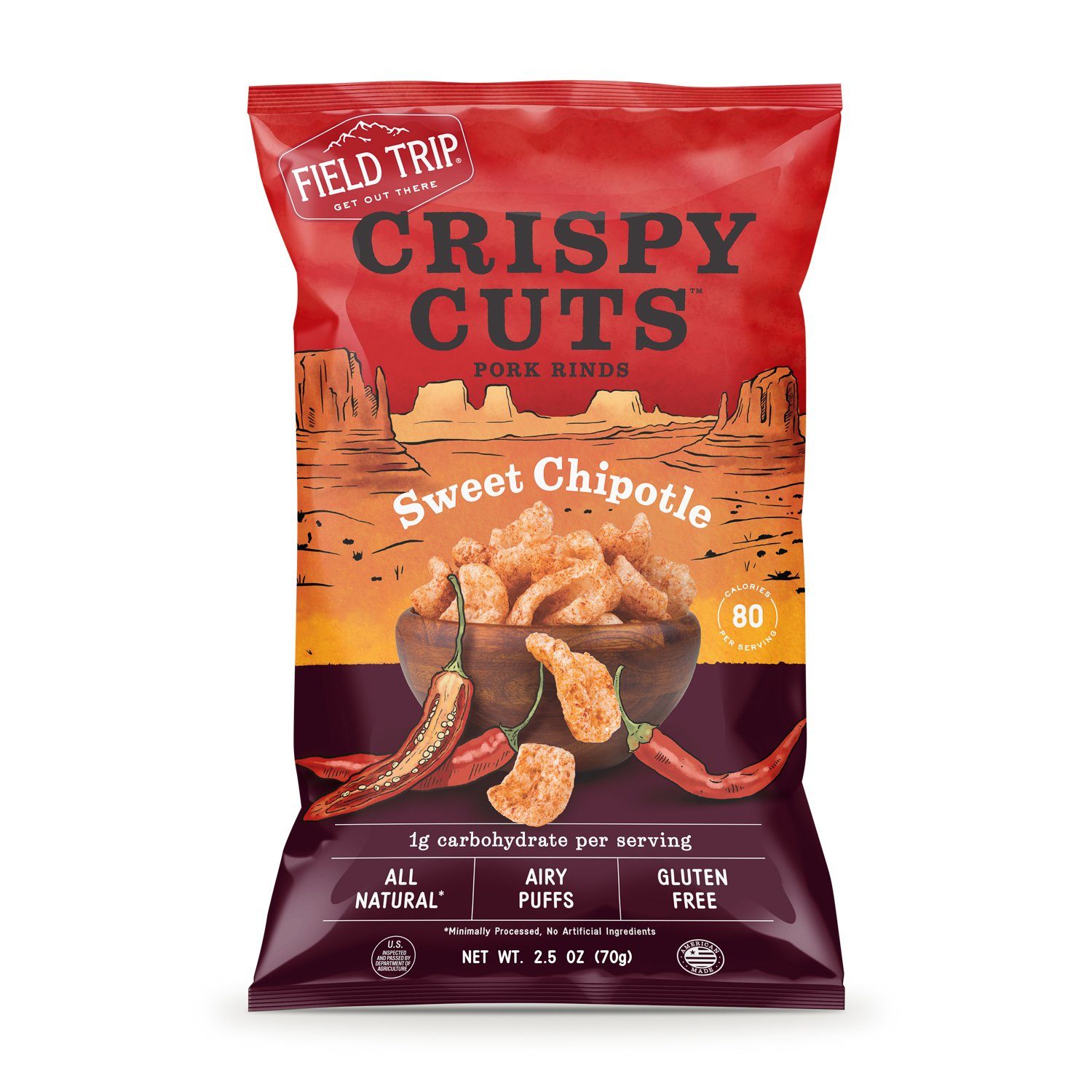 Field Trip Crispy Cuts Pork Rinds Field Trip Snacks Sweet Chipotle 2.5 Ounce 