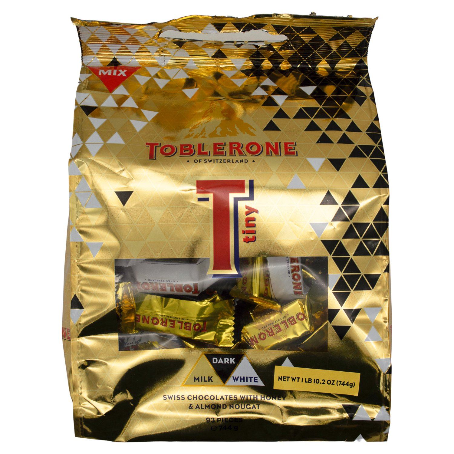 Toblerone Swiss Chocolate with Honey & Almond Nougat Meltable Toblerone Tiny 26.2 Oz-93 Pieces-Milk, Dark, White 