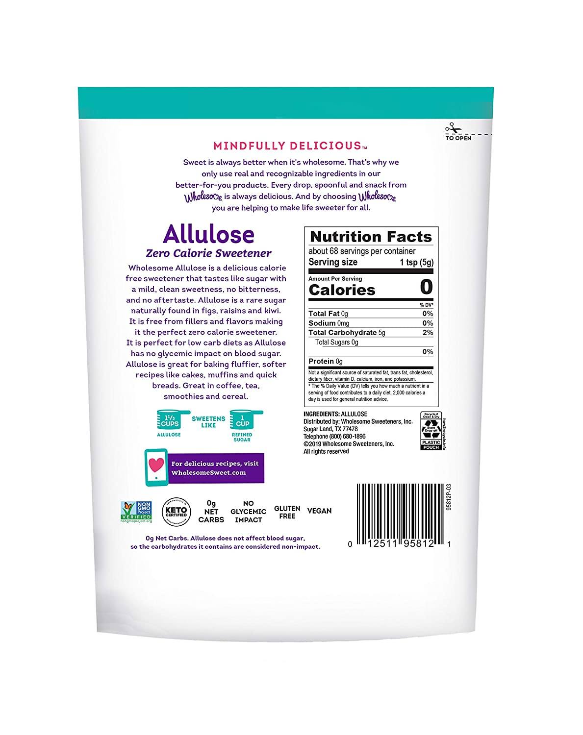 Wholesome Allulose Zero Calorie Sweetener, No Glycemic Impact Snackathon Foods 